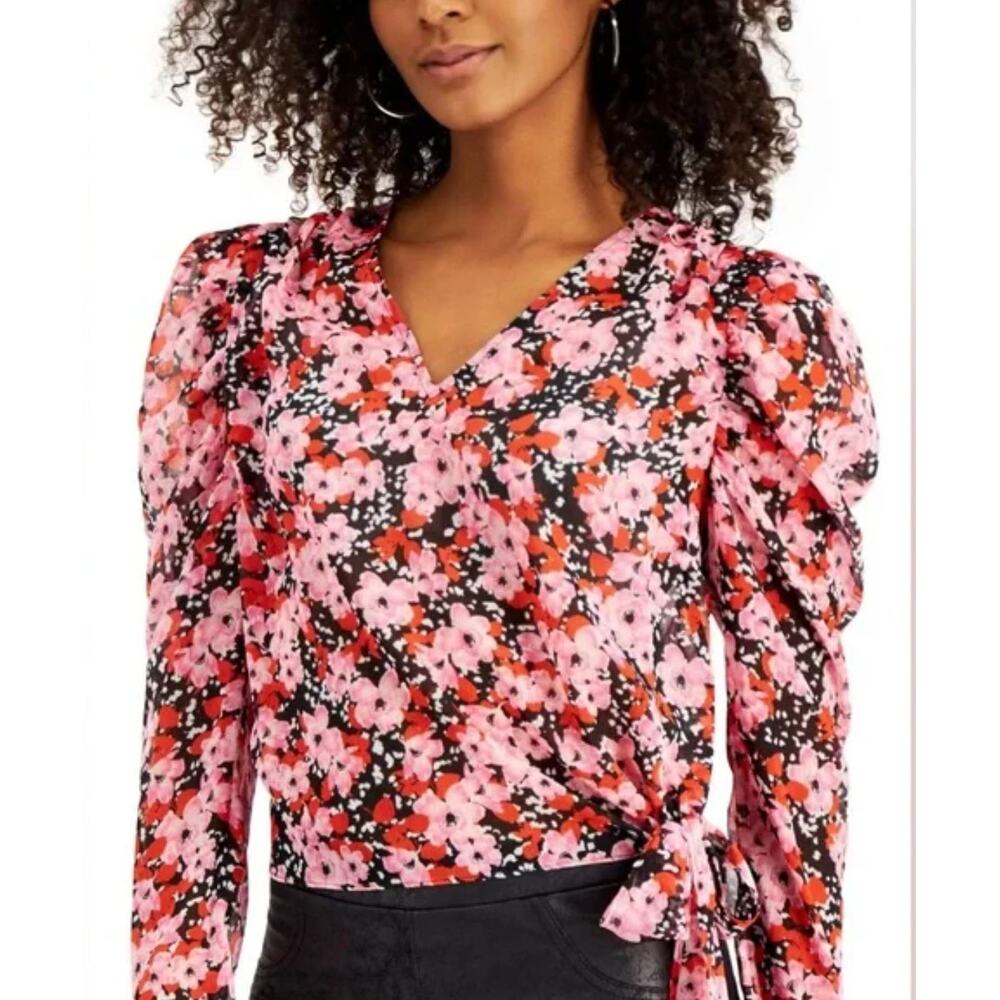NEW Bar III Women's Sheer Floral V Neck Top XXL Puff Sleeve Tie Valentines